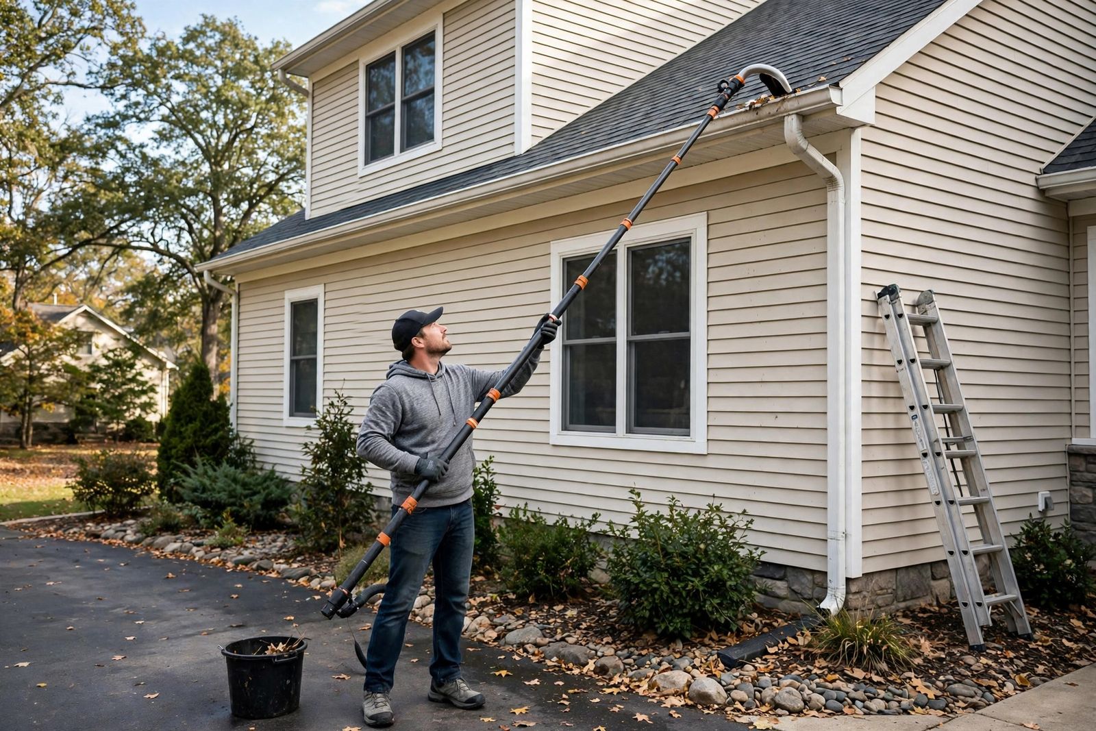 Gutter and downspout being serviced on a home