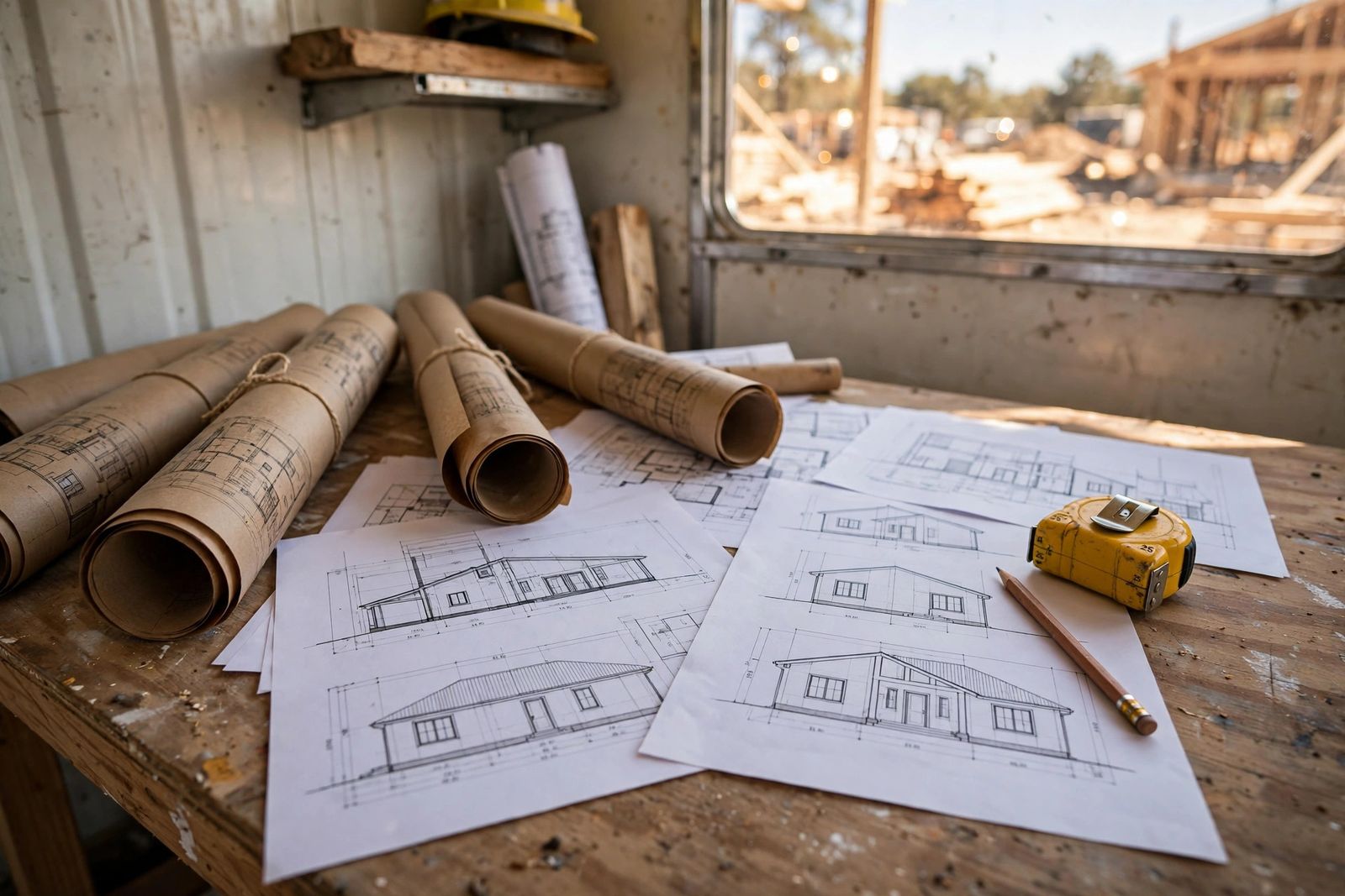 Project plans and estimating documents on a table