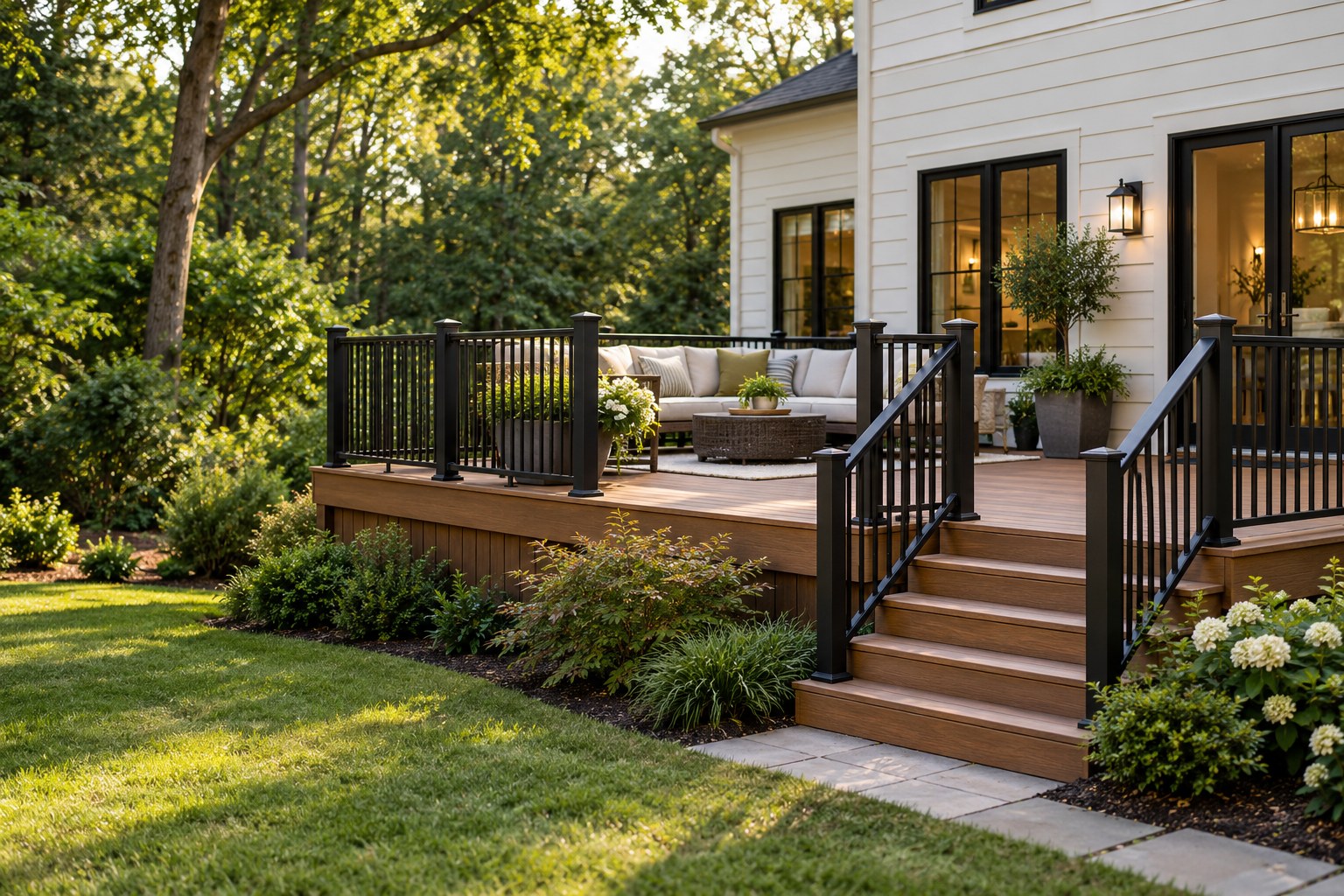 Finished brown deck with black railings, a design concept
