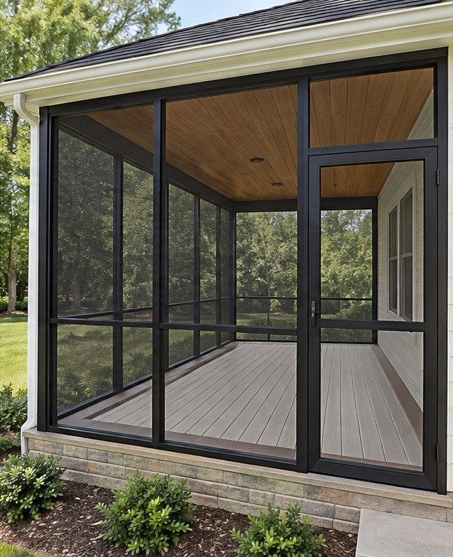 Screened porch with black framing, a design concept