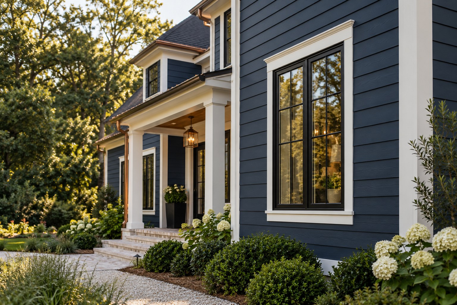 Painted textured lap siding with ivory trim, a generic design concept