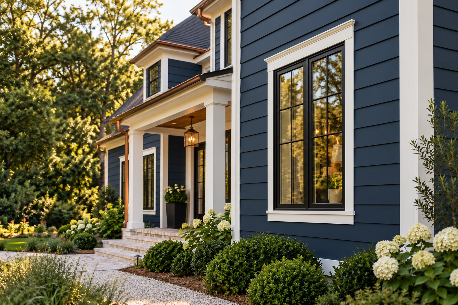 Smooth painted navy lap siding and ivory trim, a design concept