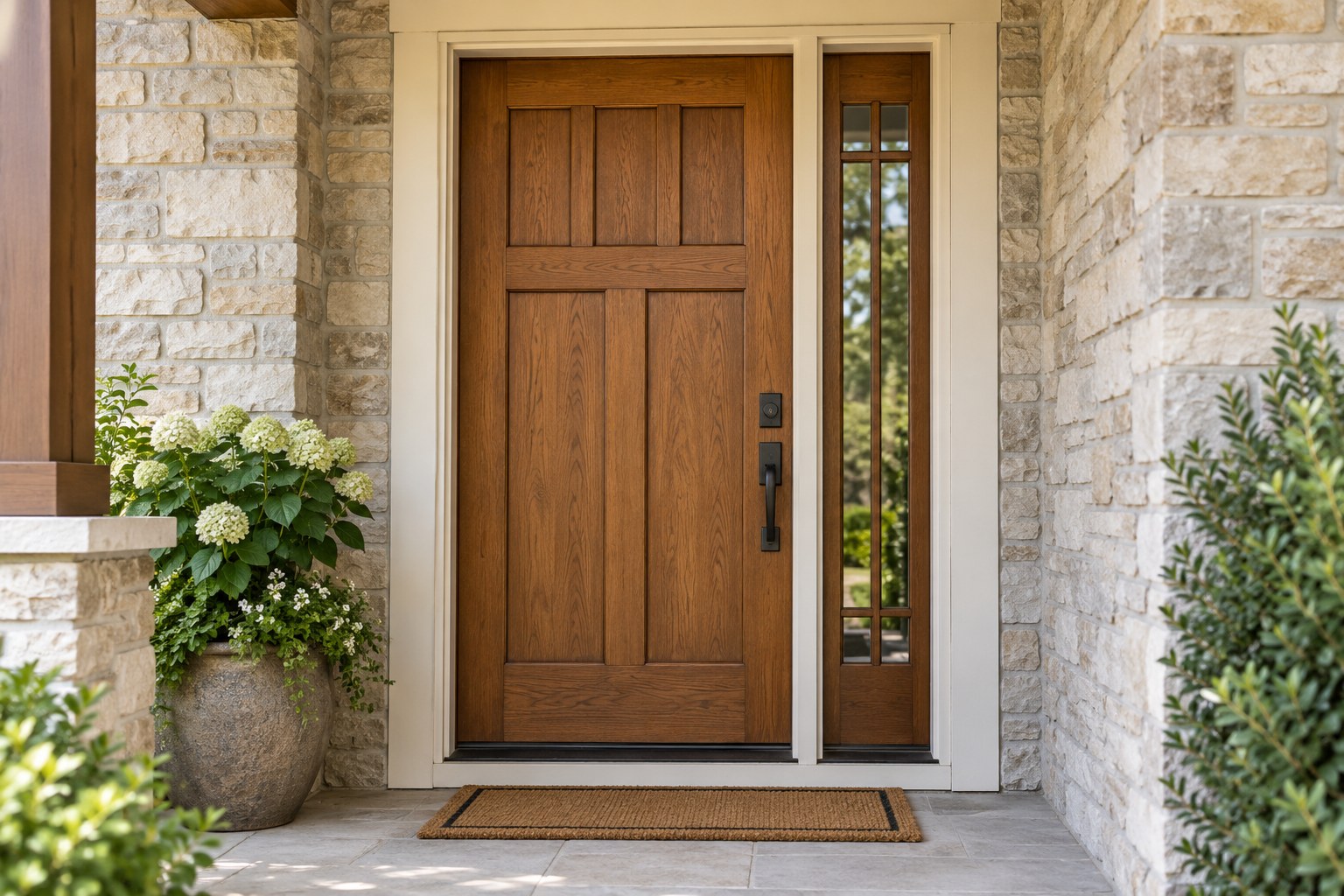 Warm wood entry door with one sidelight, a generic design concept